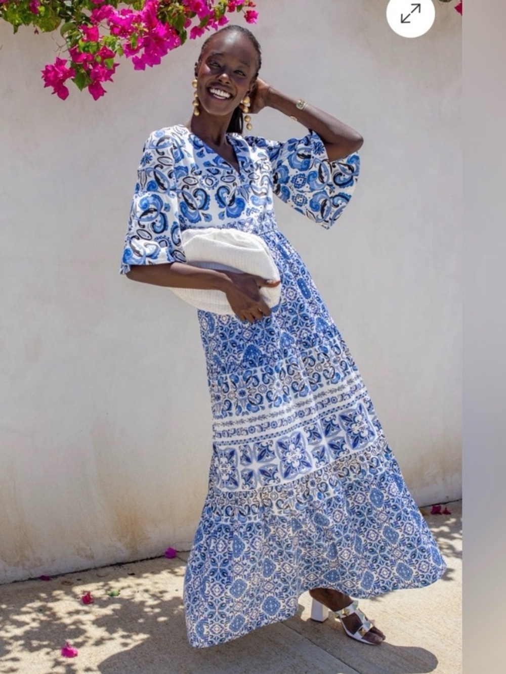 Tuckernuck Blue Majolica Tile Ginger Tiered Flutter Sleeve Maxi Dress Small